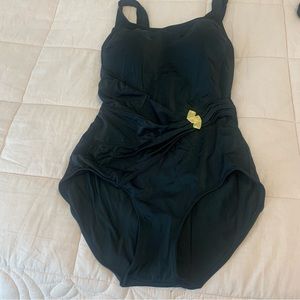 ROXANNE Bra sized black one piece swimsuit with tight tummy control gold accent